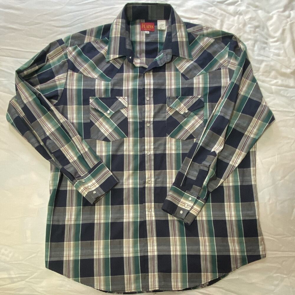 Ely Plains Men’s XL Plaid Long Sleeve Button-Up Shirt Pockets Blue Green